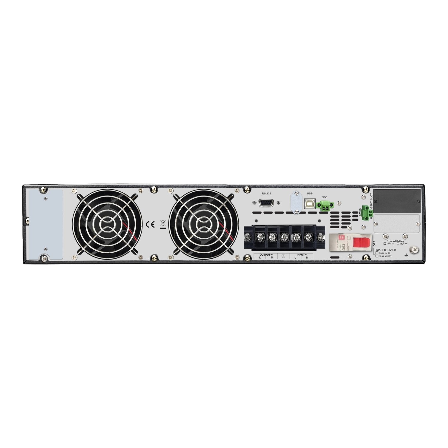 APC Easy UPS On-Line, 10kVA/10kW, Rackmount 2U, 230V, 1x Hard wire 3-wire(1P+N+E) outlet, Intelligent Slot, Extended runtime, No battery, W/O rail kit