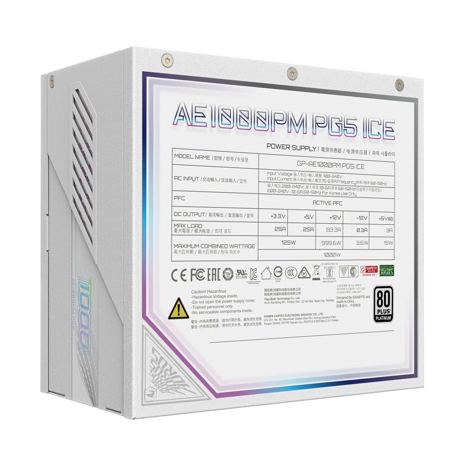 GIGABYTE AORUS ELITE P1000W ICE Power Supply Unit - PCIe 5.0, 80 PLUS Platinum, Fully modular design, 120mm Fan, ATX 3.0 compatible, EU Plug