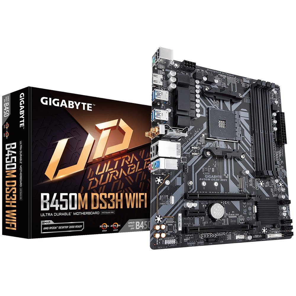 GIGABYTE B450M DS3H WIFI Motherboard - Supports AMD Series 5000 CPUs, up to 3600MHz DDR4 (OC), 1xPCIe M.2, WIFI 802.11ac, GbE LAN, USB 3.1 Gen 1