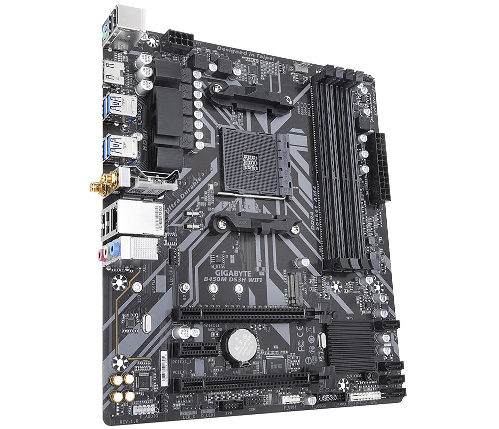 GIGABYTE B450M DS3H WIFI Motherboard - Supports AMD Series 5000 CPUs, up to 3600MHz DDR4 (OC), 1xPCIe M.2, WIFI 802.11ac, GbE LAN, USB 3.1 Gen 1