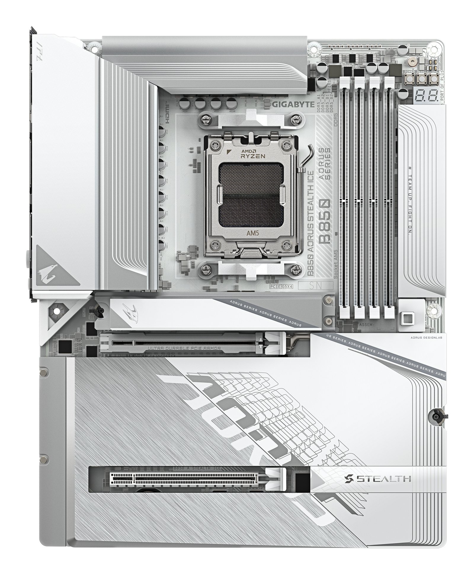 GIGABYTE B850 AORUS STEALTH ICE Motherboard - AMD Ryzen 9000 Series CPUs, 14+2+2 Phases Digital VRM, up to 8200MHz DDR5 (OC), 2xPCIe 5.0 + 2xPCIe 4.0 M.2, WIFI 7, 5 GbE LAN, USB 3.2 Gen 2
