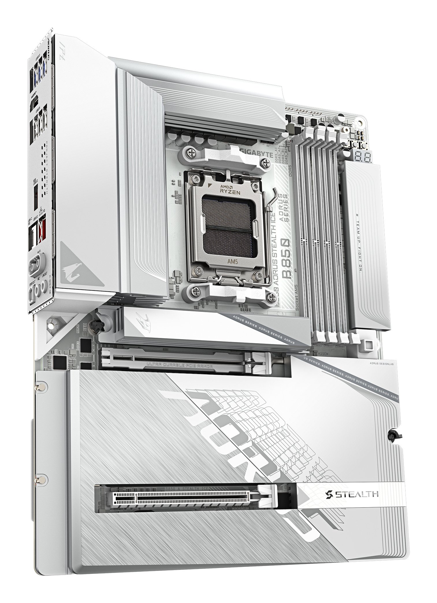 GIGABYTE B850 AORUS STEALTH ICE Motherboard - AMD Ryzen 9000 Series CPUs, 14+2+2 Phases Digital VRM, up to 8200MHz DDR5 (OC), 2xPCIe 5.0 + 2xPCIe 4.0 M.2, WIFI 7, 5 GbE LAN, USB 3.2 Gen 2