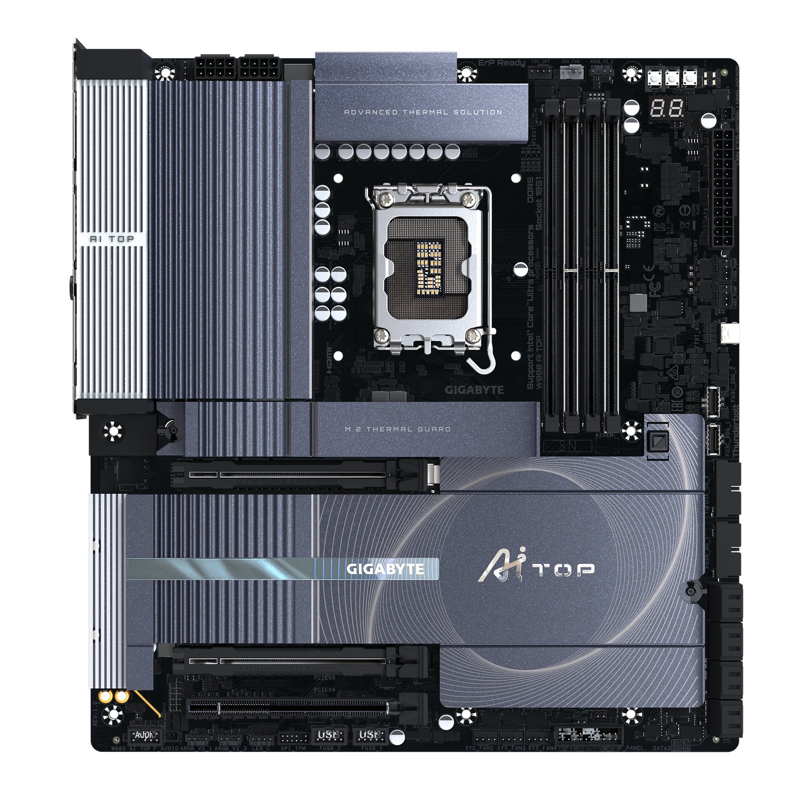 GIGABYTE W880 AI TOP Motherboard - Supports Intel Core Ultra CPUs, 16+1+2 Phases Digital VRM, up to 9466Hz DDR5 (OC), 1xPCIe 5.0 + 3xPCIe 4.0, Wi-Fi 7, 10GbE LAN, Thunderbolt 5