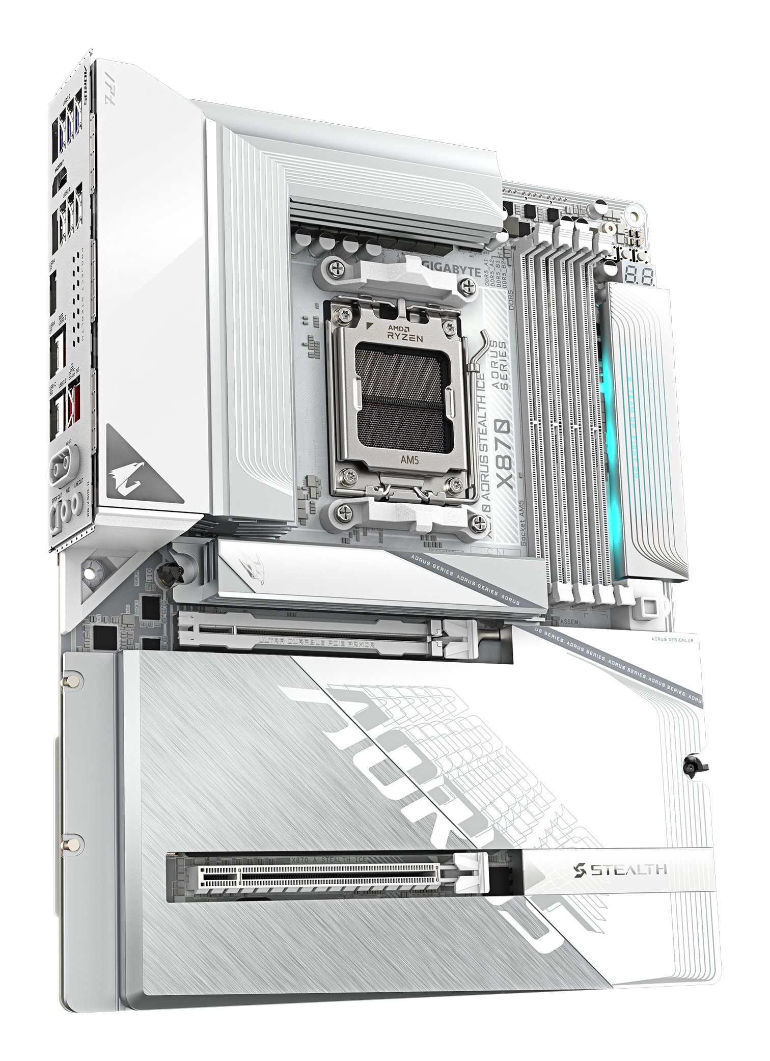 GIGABYTE X870 AORUS STEALTH ICE Motherboard - Supports AMD Ryzen 9000 CPUs, 16+2+2 Phases Digital VRM, up to 8200Hz DDR5 (OC), 2xPCIe 5.0 + 2xPCIe 4.0, Wi-Fi 7, 5 GbE LAN, USB 4