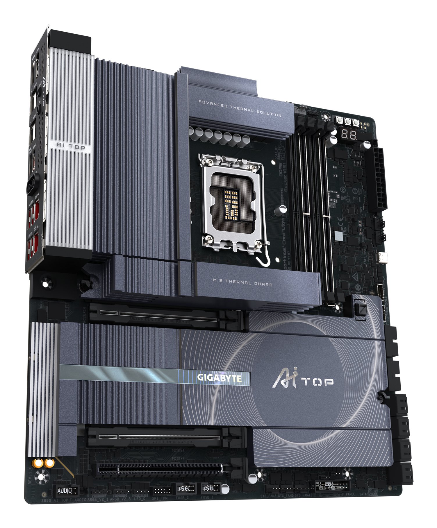 GIGABYTE Z890 AI TOP Motherboard - Supports Intel Core Ultra (Series 2) CPUs, 16+1+2 phases VRM, up to 9500MHz DDR5 (OC), 1xPCIe 5.0 + 3xPCIe 4.0 M.2, Wi-Fi 7, 10 GbE LAN, Thunderbolt 5