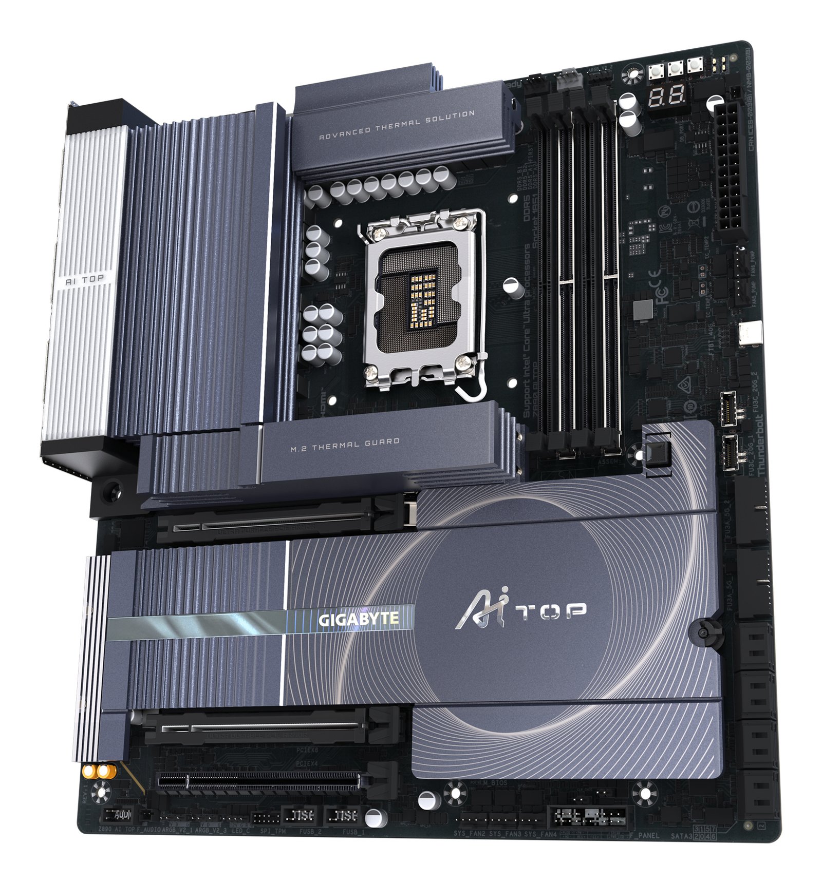 GIGABYTE Z890 AI TOP Motherboard - Supports Intel Core Ultra (Series 2) CPUs, 16+1+2 phases VRM, up to 9500MHz DDR5 (OC), 1xPCIe 5.0 + 3xPCIe 4.0 M.2, Wi-Fi 7, 10 GbE LAN, Thunderbolt 5