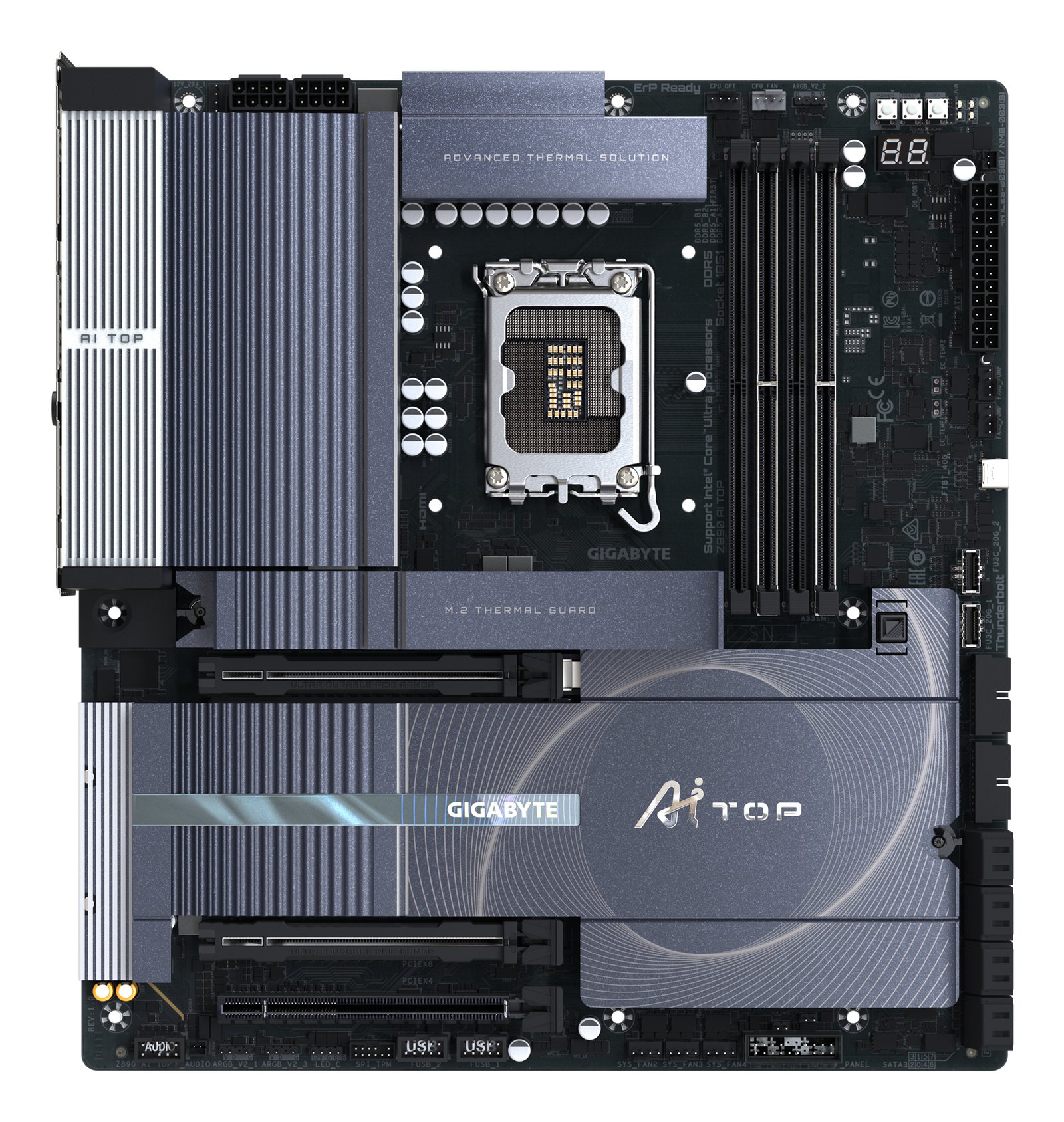 GIGABYTE Z890 AI TOP Motherboard - Supports Intel Core Ultra (Series 2) CPUs, 16+1+2 phases VRM, up to 9500MHz DDR5 (OC), 1xPCIe 5.0 + 3xPCIe 4.0 M.2, Wi-Fi 7, 10 GbE LAN, Thunderbolt 5