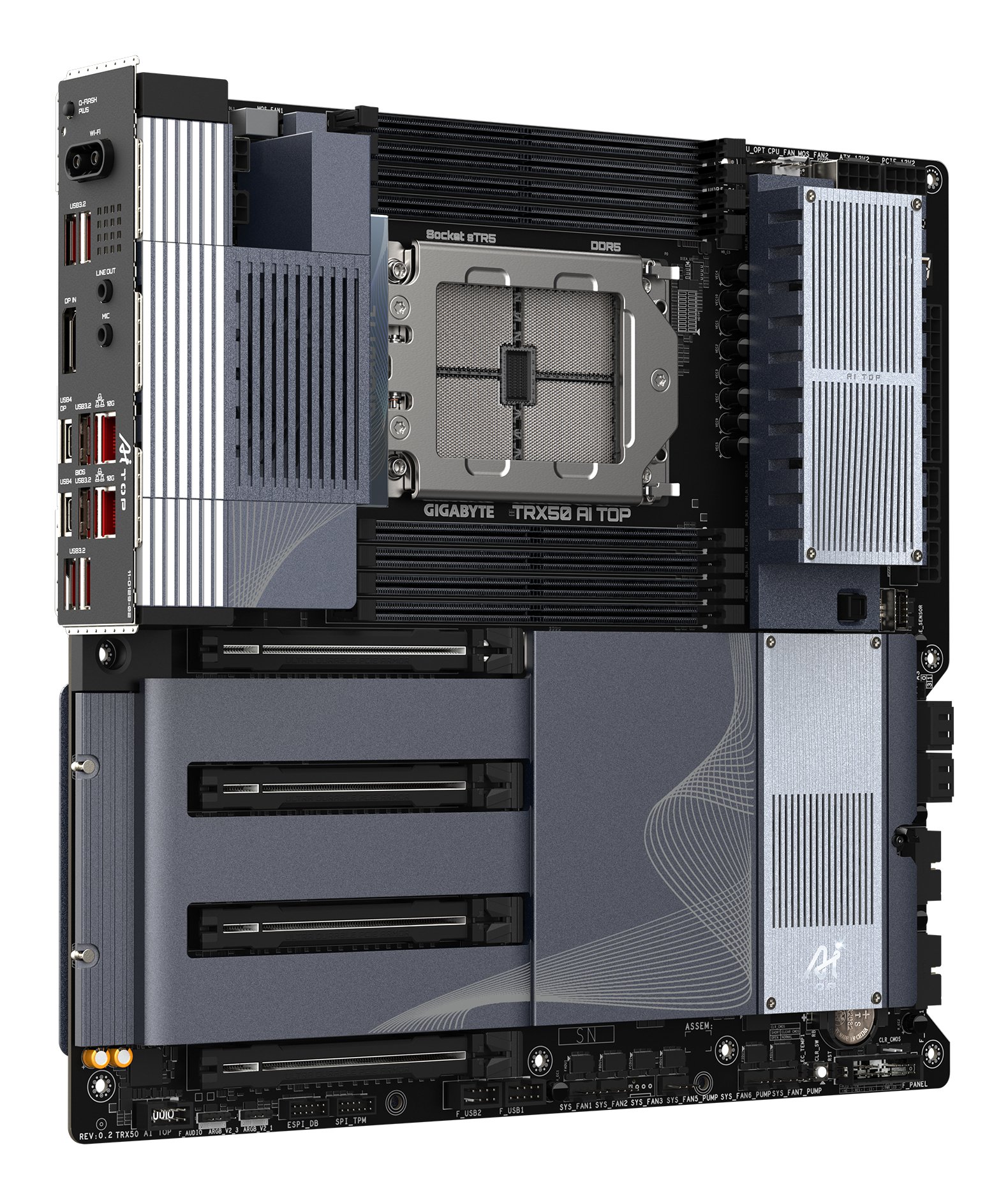 GIGABYTE TRX50 AI TOP Motherboard - Supports AMD Ryzen PRO 7000 CPUs, 16+8+4 Phases Digital VRM, up to 5200MHz DDR5 (OC), 4xPCIe 5.0 + 4xPCIe 4.0 M.2, Wi-Fi 7, 10GbE LAN, USB 3.2 Gen 2x2