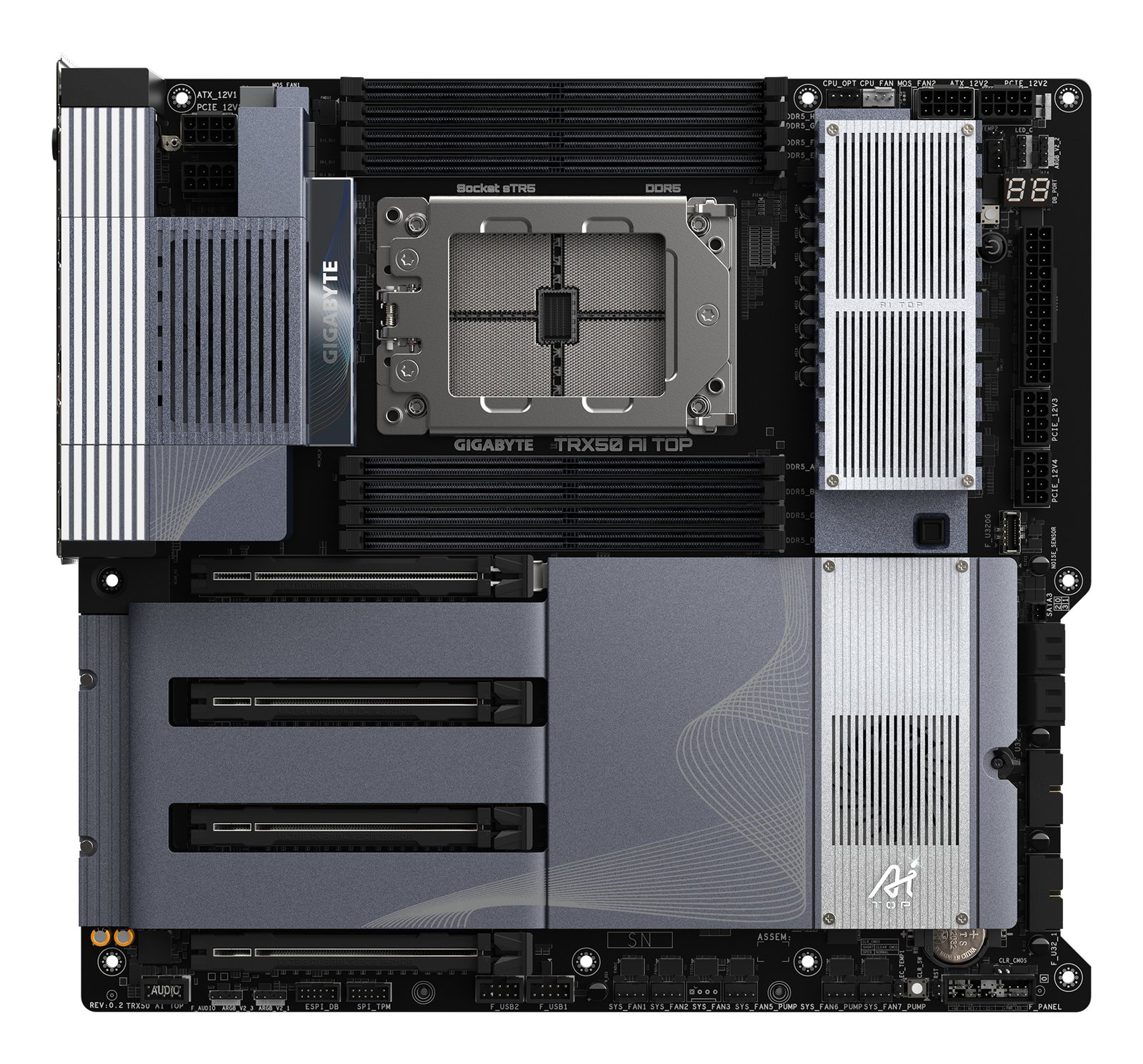 GIGABYTE TRX50 AI TOP Motherboard - Supports AMD Ryzen PRO 7000 CPUs, 16+8+4 Phases Digital VRM, up to 5200MHz DDR5 (OC), 4xPCIe 5.0 + 4xPCIe 4.0 M.2, Wi-Fi 7, 10GbE LAN, USB 3.2 Gen 2x2