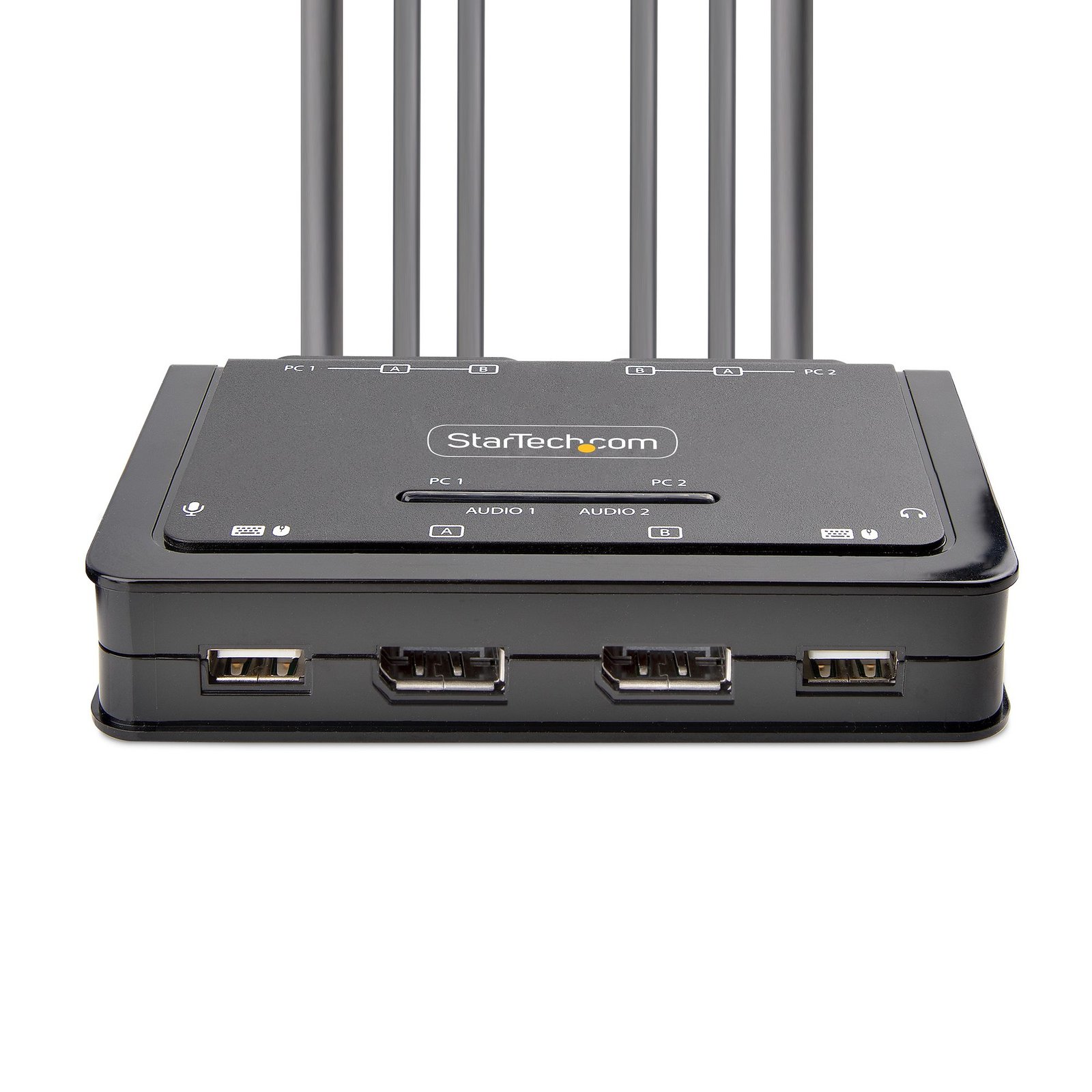 StarTech.com 2-Port Dual-Monitor DisplayPort Cable KVM Switch, 4K 60Hz, Compact KVM with 5ft/1.5m USB-A/DisplayPort/Audio Integrated Cables, Bus Powered - Remote Push Button/Hotkey Switching
