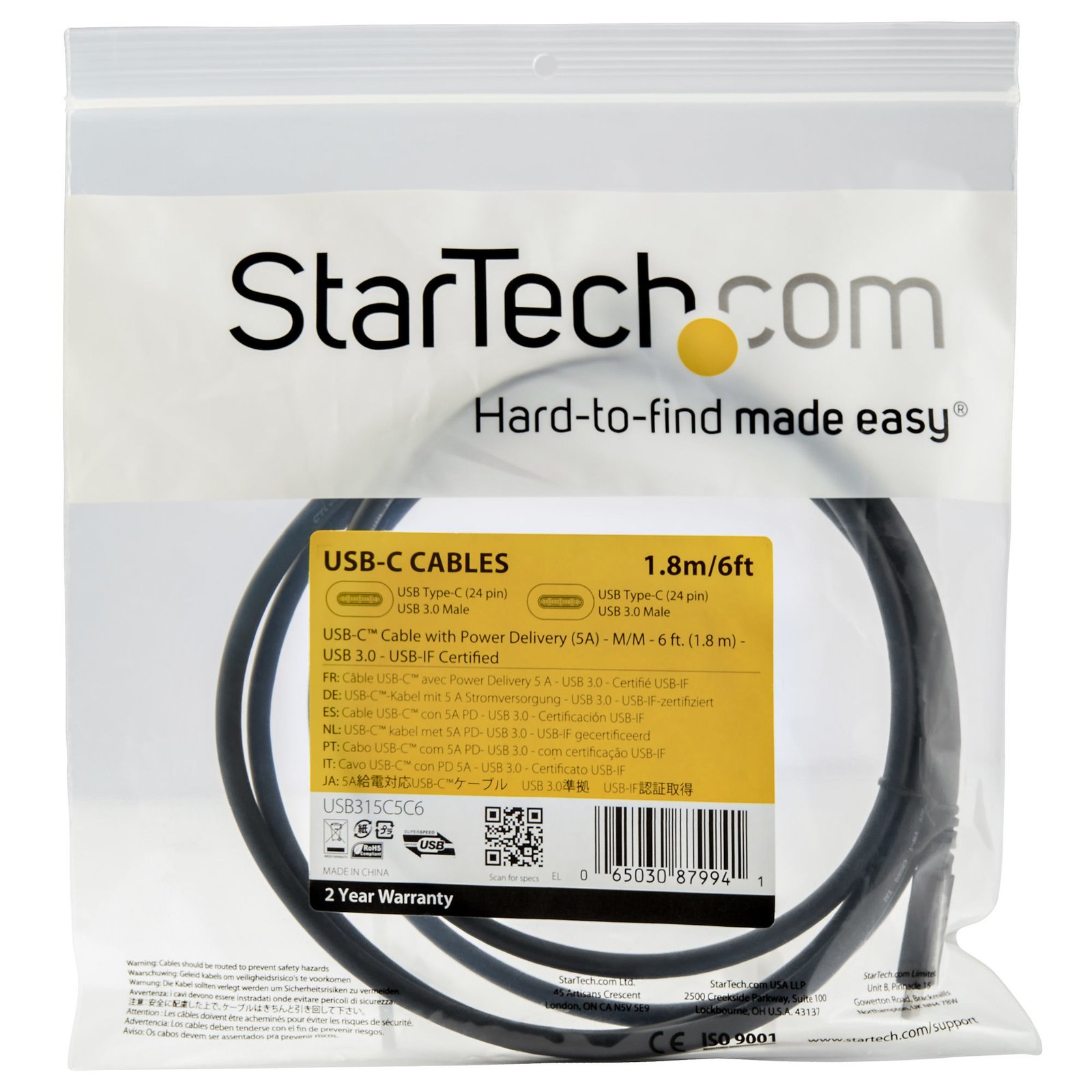 StarTech.com 6ft (1.8m) USB-C Cable, USB 5Gbps, 100W (5A) Power Delivery, Certified Works with Chromebook, 4K 60Hz DP Alt Mode, USB-IF Certified - Thunderbolt Compatible