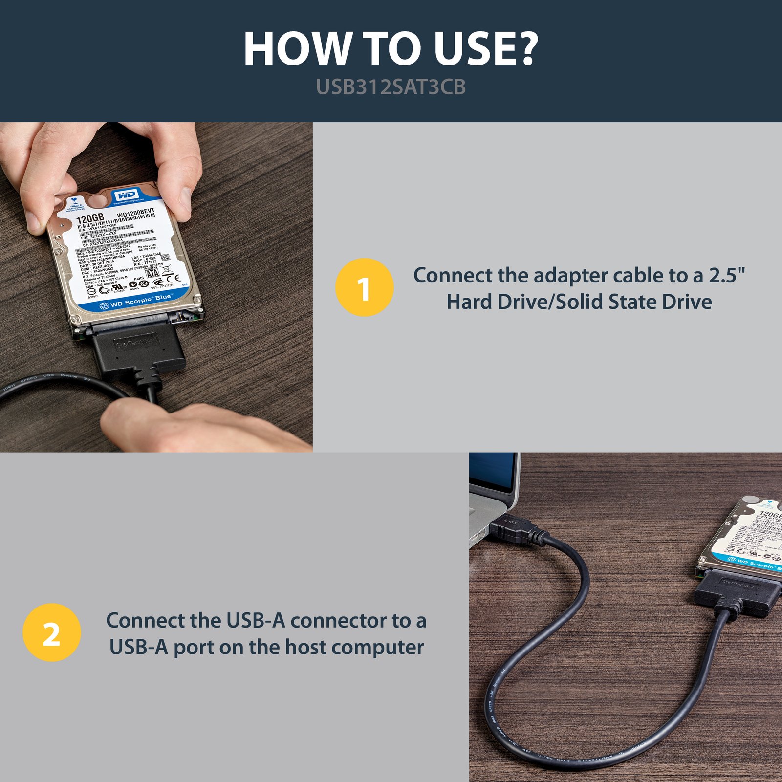 StarTech.com SATA to USB Cable, USB 10Gbps to 2.5in SATA I II III Hard Drive Adapter, External Converter for SSD or HDD Data Transfer
