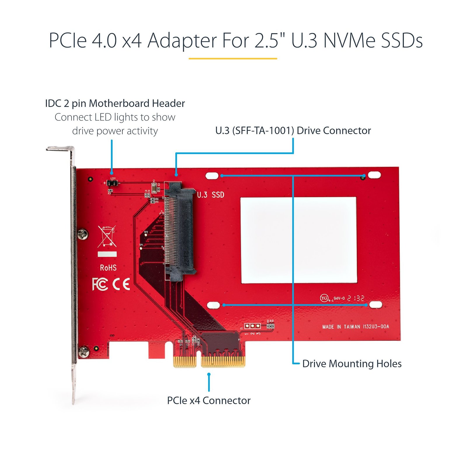 StarTech.com U.3 to PCIe Adapter Card, PCIe 4.0 x4 Adapter For 2.5" U.3 NVMe SSDs, SFF-TA-1001 PCI Express Add-in Card for Desktops/Servers, TAA Compliant - OS Independent